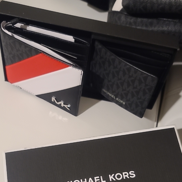 Michael Kors Men\'s Cooper Logo Striped Crossbody and matching wallets.